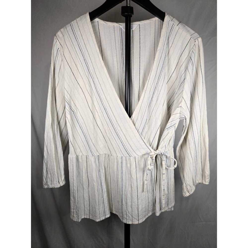 White Cream Blue Stripe Wrap Peplum Top Size L 12-14 100% Cotton Coastal Summer